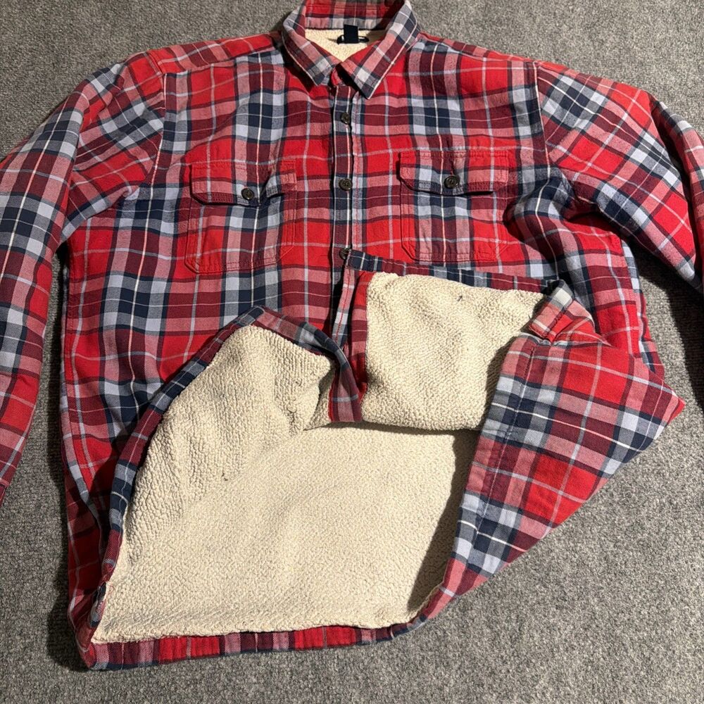 Lands End Sherpa Lined Flannel Jacket Shirt Mens Large Red Plaid Button Front